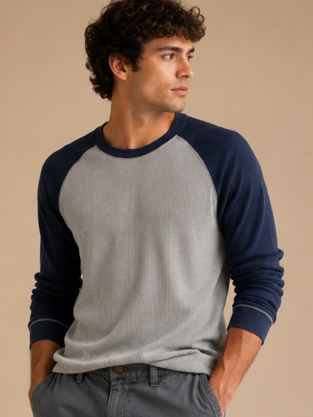 Gray Navy Waffle Knit Thermal Raglan Long Sleeve Shirt Casual Menswear L